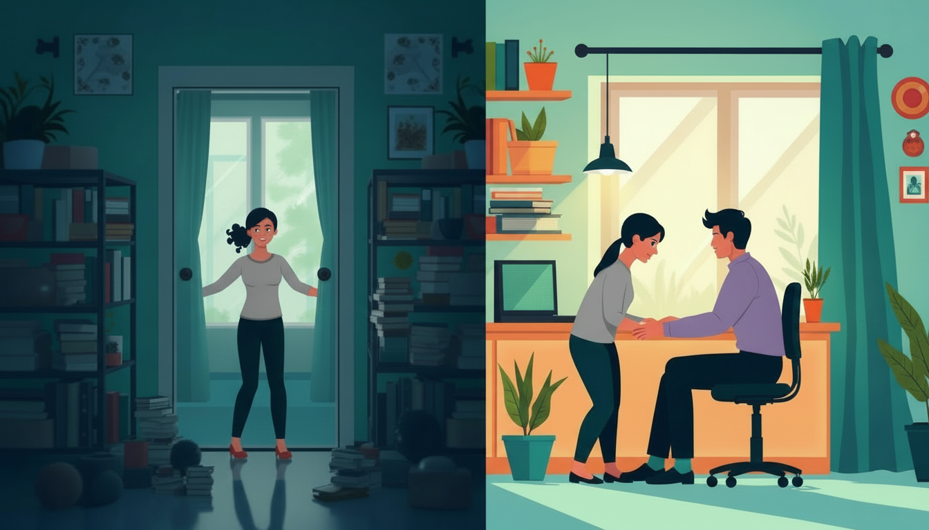 Transformation through mental health support showing person struggling alone versus with supportive care