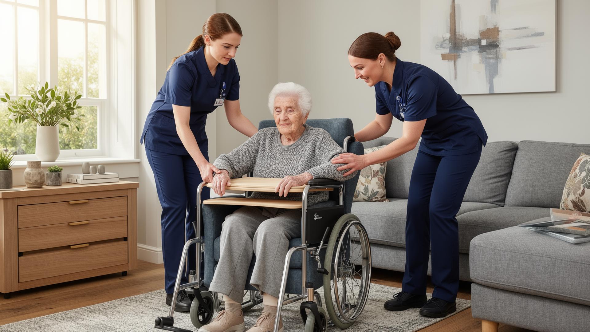 Two HSE-trained carers safely assisting elderly person with moving and handling transfer from wheelchair to chair in Medway home, demonstrating professional technique